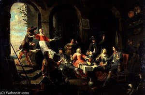 Elegant Company Merrymaking In An Interior With Servants In Attendance — Willem Van Herp