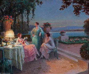 La Lecture, Trois Elegantes Sur La Terrasse — Delphin Enjolras