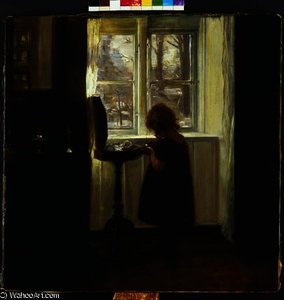 A Girl Standing by a Sewing Table