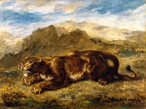 Lioness Ready To Spring - Übersetzung Auf Deutsch: Löwin Bereit Zum Sprung — Eugène Delacroix, Romantik