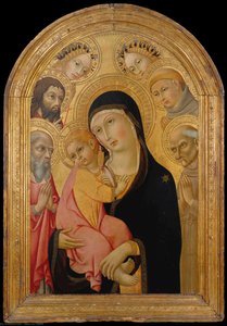 Madonna And Child With Saints Jerome, Bernardino, John The Baptist, And Anthony Of Padua And Two Angels — Sano Di Pietro, Early Renaissance