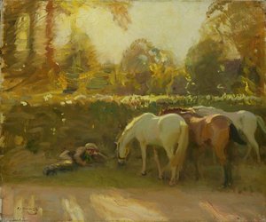 Zigeunerpferde Beim Grasen Am Straßenrand Mit Einem Schlafenden Jungen Am Wegesrand — Sir Alfred James Munnings, Romantische Landschaftsmalerei