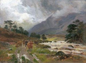 Highland Cattle On A Riverside Path — Louis Bosworth Hurt