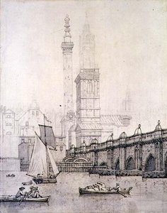 Old London Bridge And The Monument — Joseph Farington