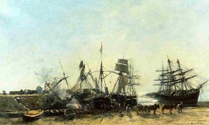 Portrieux, The Port At Low Tide, Unloading Fish — Eugène Louis Boudin