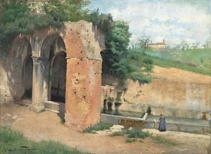 Norwegian Ved en vannkilde med antikk ruin, Italia Water and antique ruin, Italy