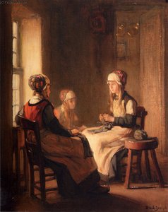 A Interior With Marken Girls Knitting — Claude Joseph Bail