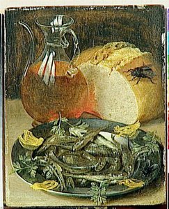 NATURE MORTE AU FLACON DE VIN ET AUX PETITS POISSONS