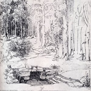 Forest Glade With A Walled Fountain By Which Two Men Are Sitting — Albrecht Dürer, Northern Renaissance