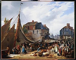 Embarquement De Bestiaux Sur Le Passager Dans Le Port De Honfleur — Auguste Xavier Leprince, Dutch Golden Age