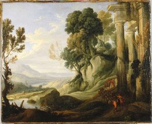 Paysage Montagneux Avec Des Ruines Et Des Bergers Montant Un Chemin Avec Leur Troupeau — Pierre Antoine Patel