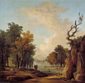 Wooded River Landscape With A Traveller, A Barking Dog, A Horseman, And Women Washing At An Islet — Hubert Robert