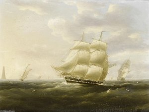 A British Frigate Bowling Down The Channel On A Breezy Day Past The Eddystone Lighthouse — Thomas Buttersworth