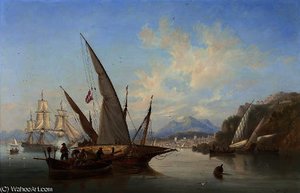 Local Craft And A Saluting Frigate In The Bay Off Rethymnon — John Wilson Carmichael