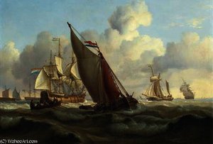 Busy shipping lanes off a harbour with a three-masked dutch merchantman hove-to to take on the pilot