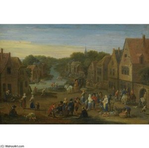 A Village Landscape With Numerous Figures At A Vegetable Market