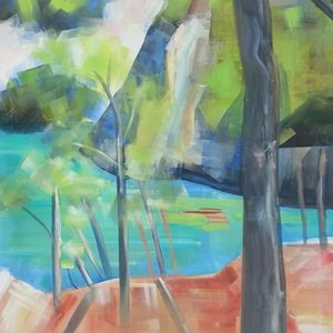 Serenidad Fragmentada: Un Paisaje Abstracto De Aguas Color Cerceta Y Tierra De Terracota — Marion Delorme, Pop Figurativo De Hockney