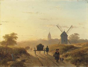 Figures On A Dusty Track In Late Afternoon — Andreas Schelfhout