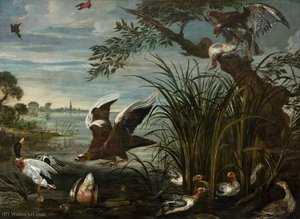River Scene With Ducks And Geese Being Attacked — David De Coninck