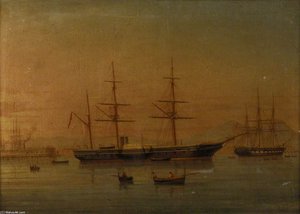 A Paddle Frigate At Anchor Off Naples -