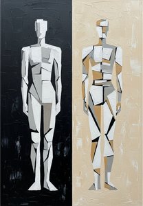 Fragmented Dualities In Monochrome And Ochre: A Monumental Geometric Study Of Form — Laurent Fabre, Neo-abstract Art (modern Abstract Compositions)