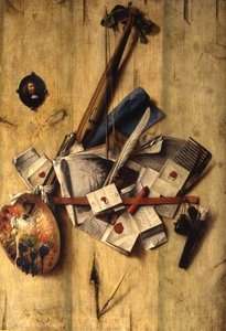 Trompe L'oeil With Violin, Painter's Implements And Self-portrait. — Cornelis Norbertus Gysbrechts, Baroque