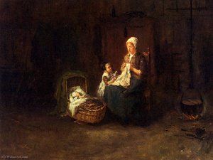 A mother and her children in an interior