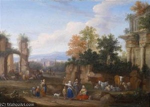 Italian Landscape With Ruins And Peasant Groups — Mathys Schoevaerdts