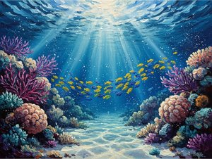 Luminous Descent: Prismatic Rays Piercing the Silent Depths of a Coral Sanctuary