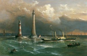 Hms 'vivid' Passing The Old And New Eddystone Lighthouses, The Channel Squadron In The Distance — Richard Brydges Beechey