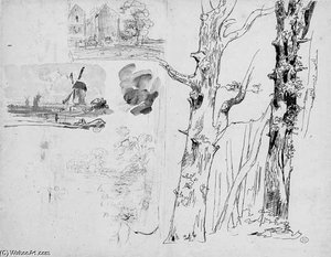 Studies Of Trees, Windmills, Houses — Paul Huet