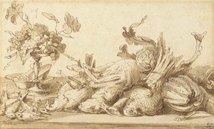 A Still Life With Birds, Rabbits And Vegetables, With A Plate And A Tazza With Grapes — Frans Snyders