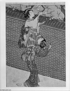 Two Women Picking Plum Blossoms At A Wall — Suzuki Harunobu