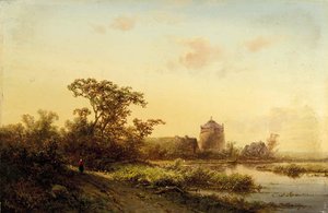 A Summer Landscape At Dusk With A Farm Beyond — Pieter Lodewijk Francisco Kluyver