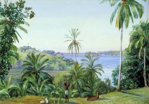 Some Of Mrs Cameron's Models With Cocoanut And Teak Trees, Kalutara, Ceylon — Marianne North, Impressionistic Floral Landscape
