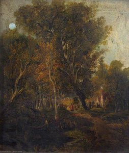 Wooded Lane With Cottages And A Figure In Red