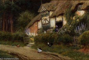 A Young Girl And Chickens By A Cottage — Arthur Claude Strachan