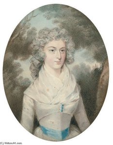 Portrait Of A Lady In A White Dress With A Blue Sash, In A Landscape — Hugh Douglas Hamilton
