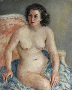 Nude Seated On A Blue Blanket — Georges Van Houten