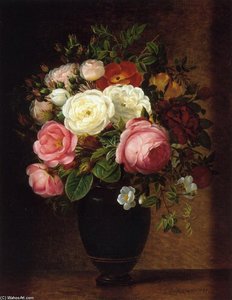 Pink And White Roses In A Black Glaze Amphora On A Brown Marble Ledge — Johan Laurentz Jensen