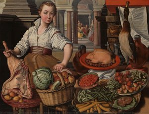 Kitchen Scene, With Jesus In The House Of Martha And Mary In The Background, Joachim Bueckelaer (copy After), 1569 — Joachim Beuckelaer