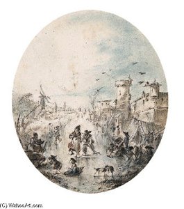 A Frozen Canal With Figures Skating By A Town, Windmills Beyond