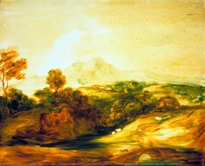 Wooded River Landscape With Figures On A Bridge, A Cottage, Sheep And Distant Mountains — Thomas Gainsborough, Romanticism