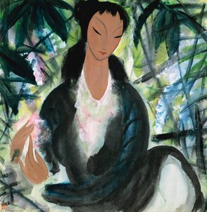 Lady And Wisteria — Lin Fengmian Gans Volando Sobre El Estanque De Loto