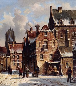 Figures In The Streets Of A Wintry Town — Adrianus Eversen