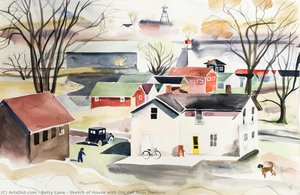 Sketch Of House With Old Car Near Harbour — Betty Lane