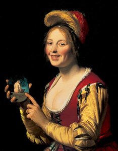 Smiling Girl, A Courtesan, Holding An Obscene Image — Gerard Van Honthorst