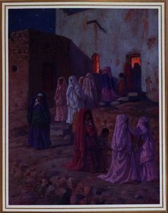 Muslims leaving the village mosque on the Eve of