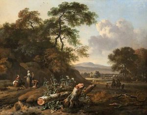 Landscape With A Fallen Tree, Peasants And Huntsmen — Johannes Lingelbach