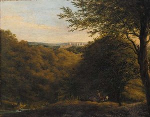 Deers In A Wooded Landscape, A Hilltop Castle Beyond — William Havell